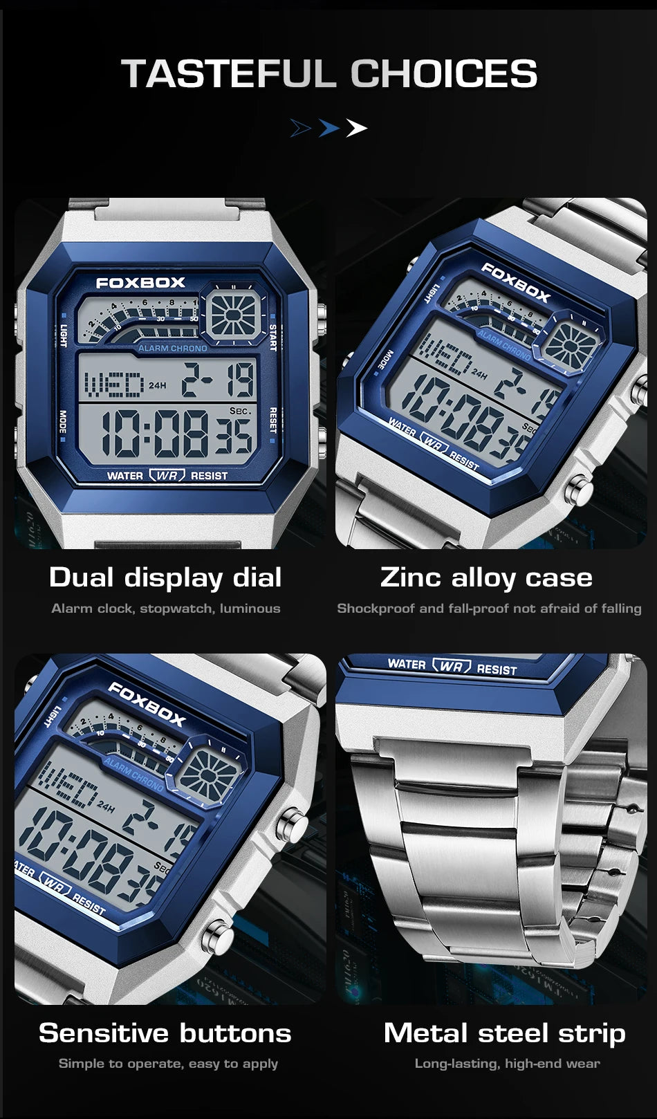 FOXBOX Men’s Square Digital Quartz Watch – Waterproof Sports Wristwatch