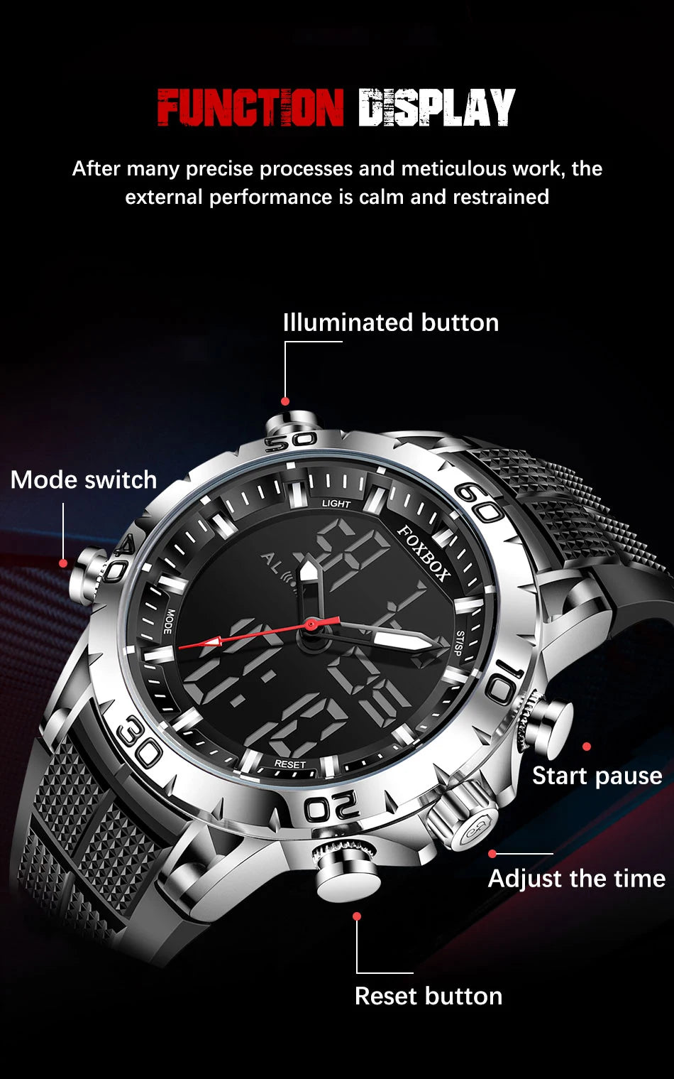 FOXBOX Men’s Sports Quartz Watch – Digital & Analog Display