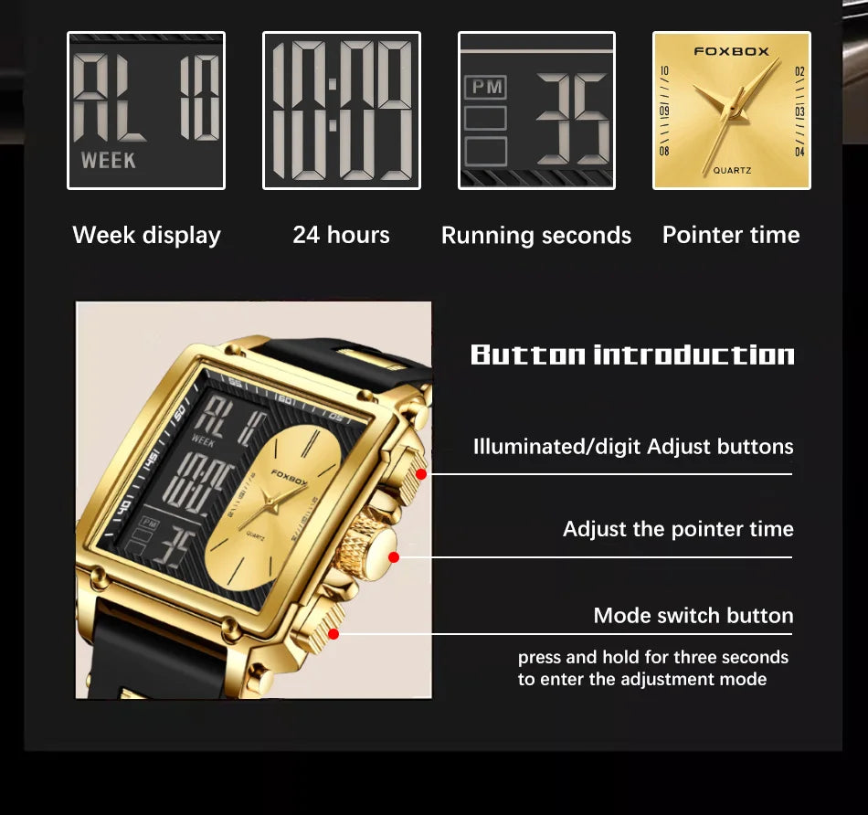 FOXBOX Men’s Luxury Square Digital Watch – Week Display & Waterproof