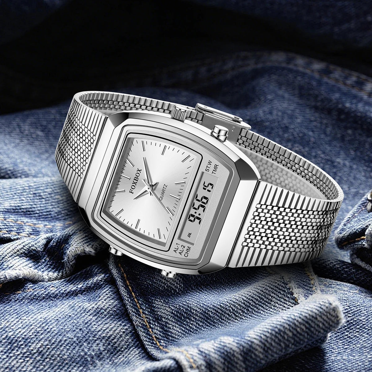 FOXBOX Men’s Digital Quartz Watch – Waterproof, Luminous Steel Sports Watch