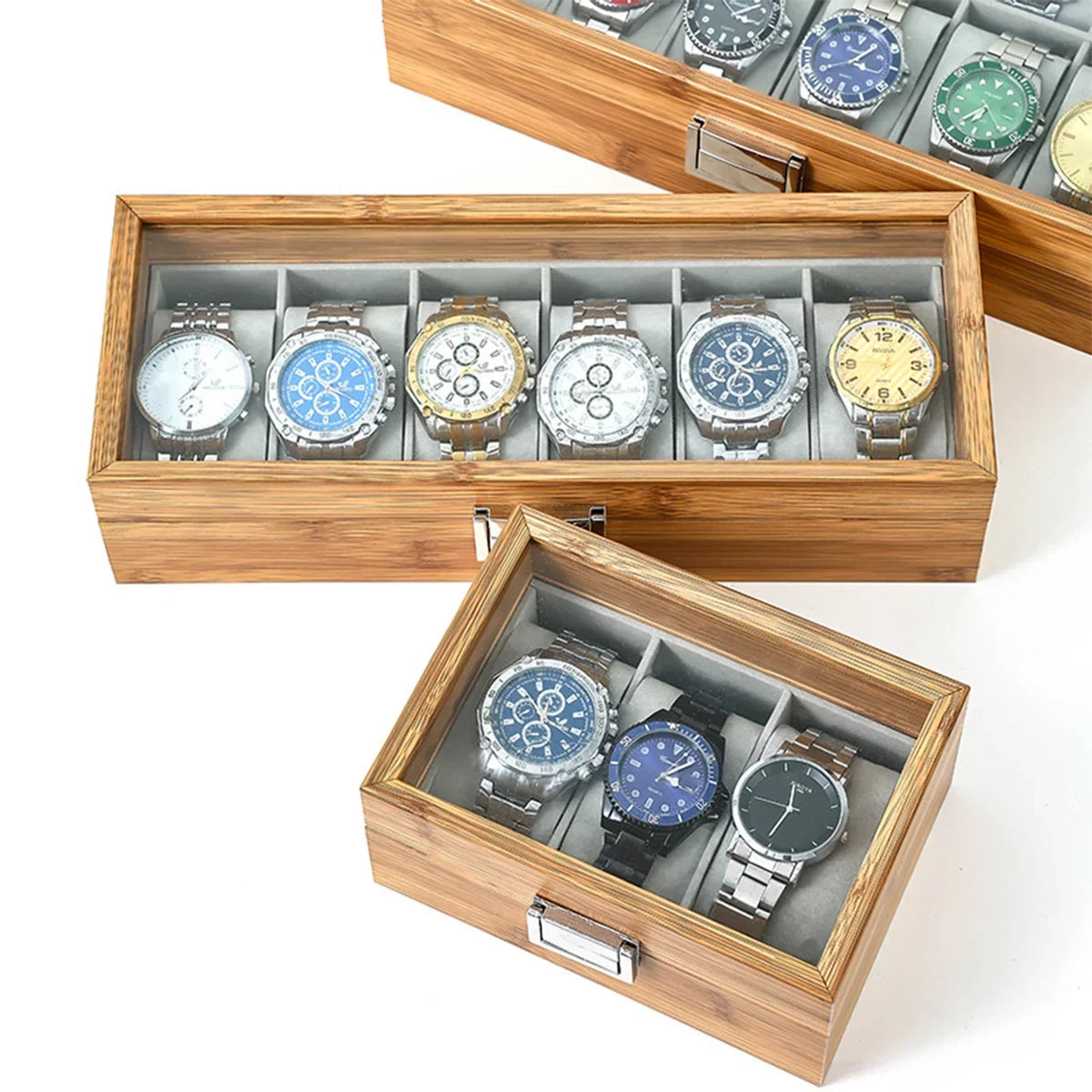 Luxury Bamboo Watch Collection Box – Multi-Slot Storage Case with Glass Display Lid