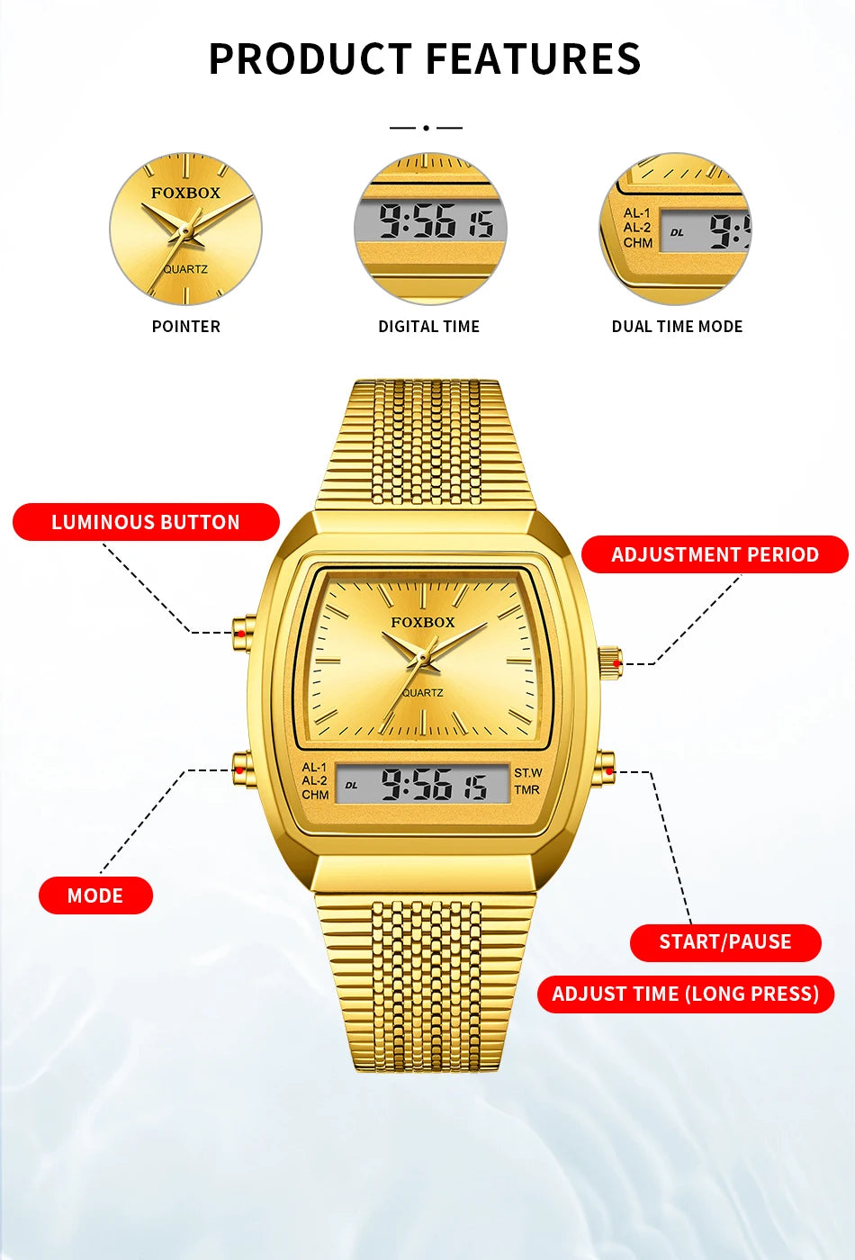 FOXBOX Fashion Dual Display Watch – Luxury Quartz Waterproof Sports Wristwatch