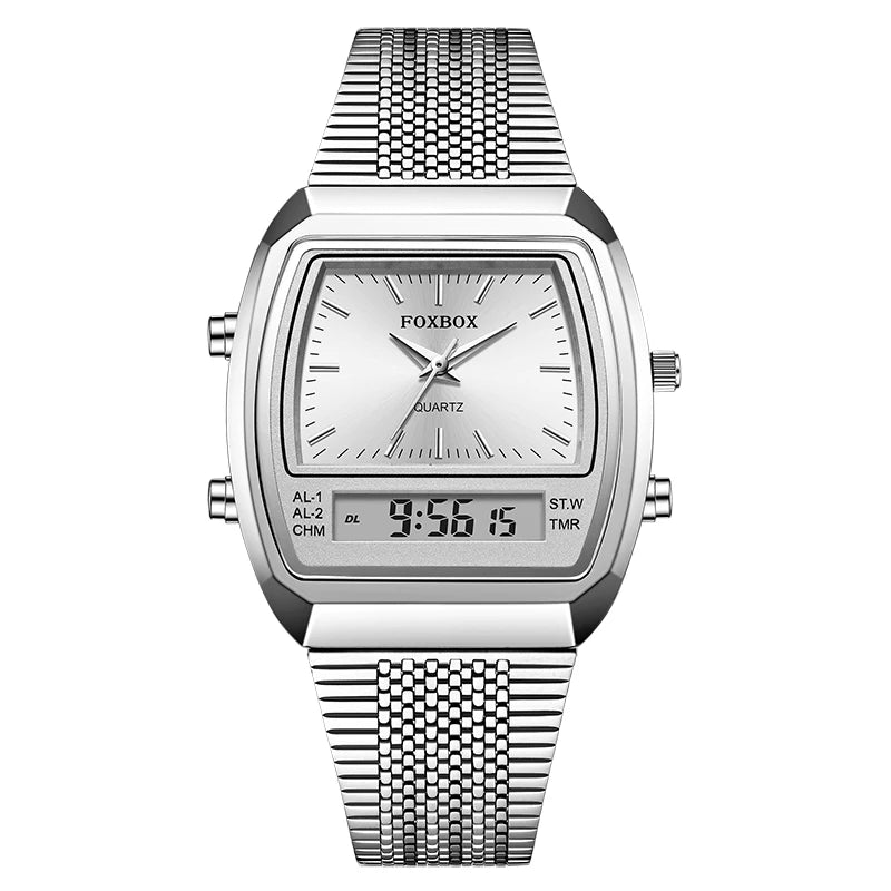 FOXBOX Men’s Digital Quartz Watch – Waterproof, Luminous Steel Sports Watch