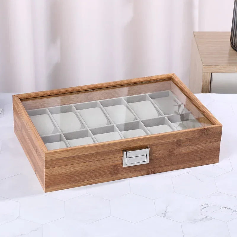 Luxury Bamboo Watch Collection Box – Multi-Slot Storage Case with Glass Display Lid