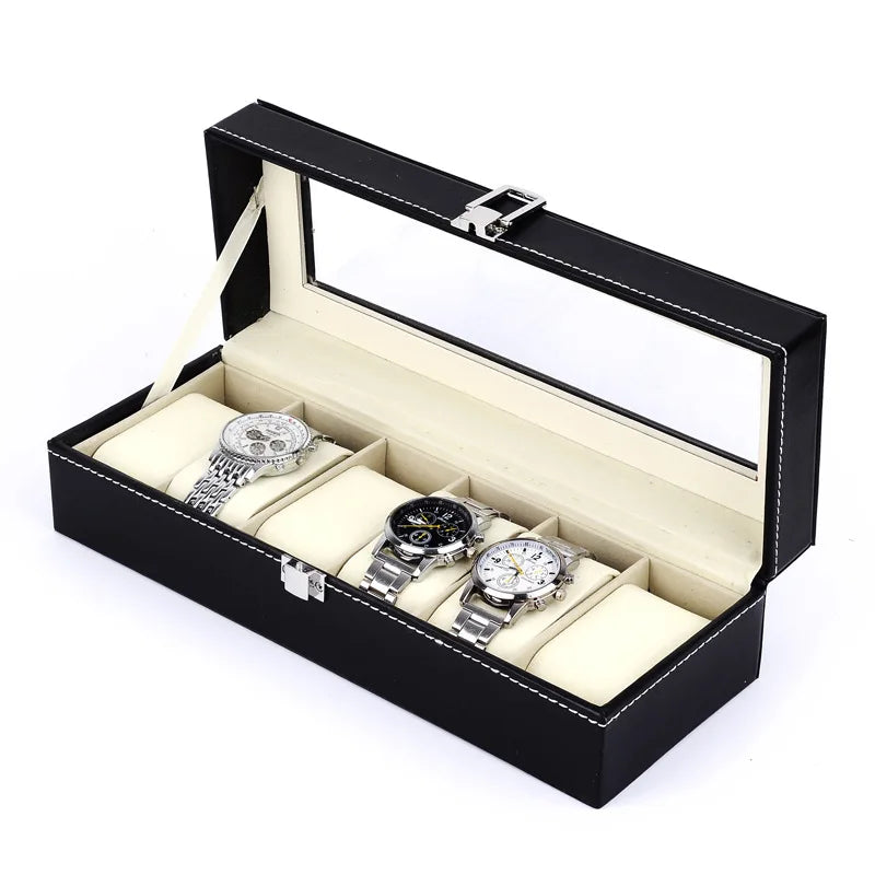 PU Leather Watch Organizer with Glass Display