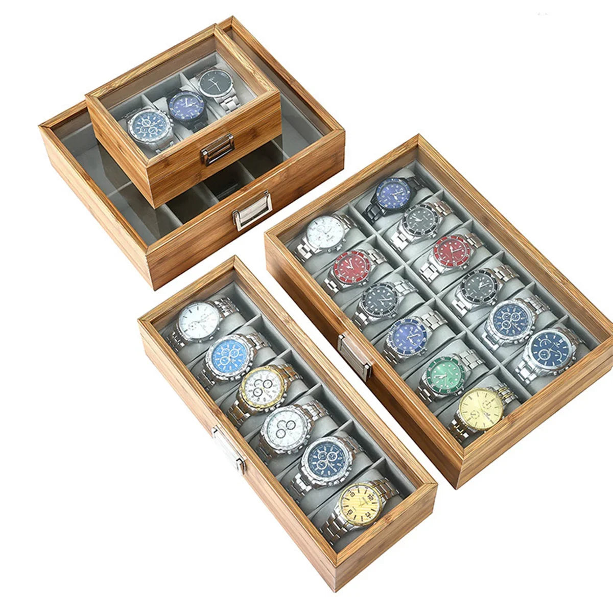 Luxury Bamboo Watch Collection Box – Multi-Slot Storage Case with Glass Display Lid