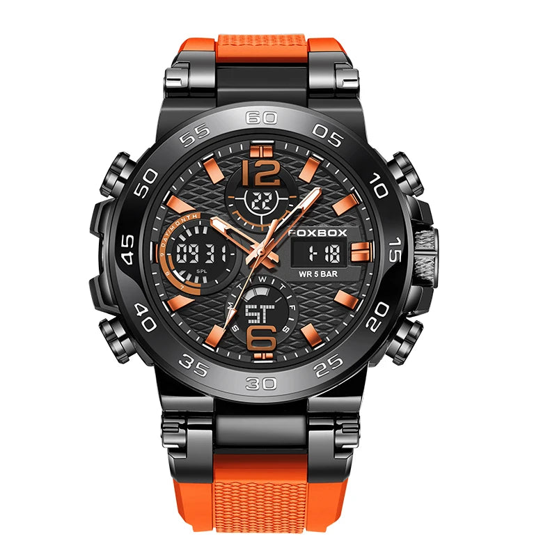 FOXBOX Men’s Sports Military Watch – Waterproof Dual Display Quartz Wristwatch with Stopwatch