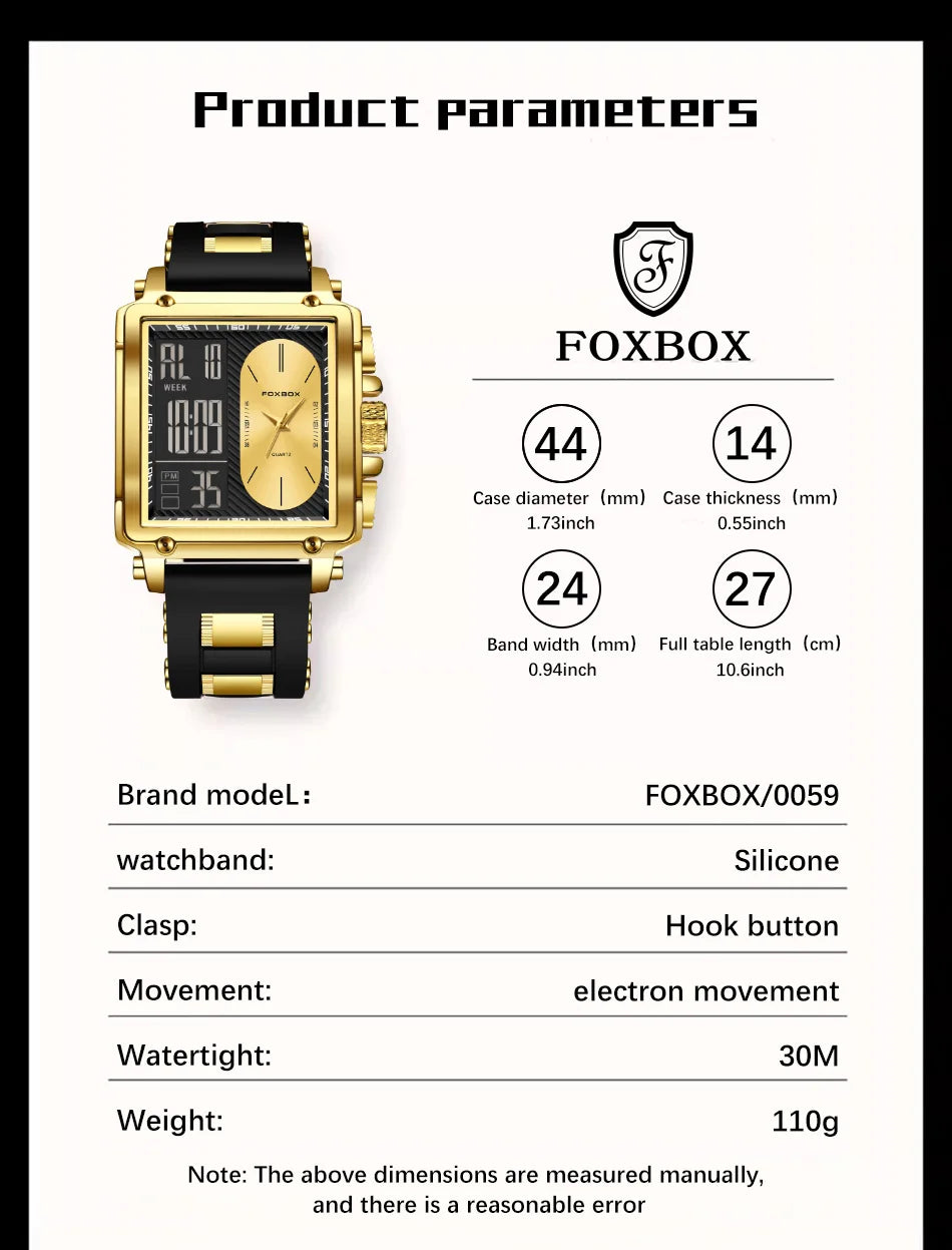FOXBOX Men’s Luxury Square Digital Watch – Week Display & Waterproof