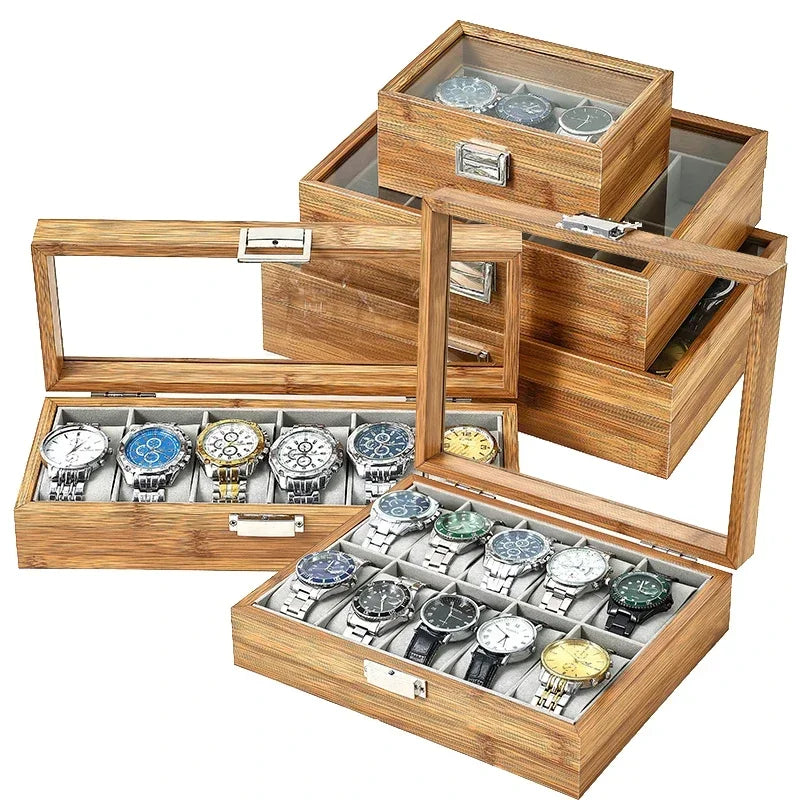 Luxury Bamboo Watch Collection Box – Multi-Slot Storage Case with Glass Display Lid