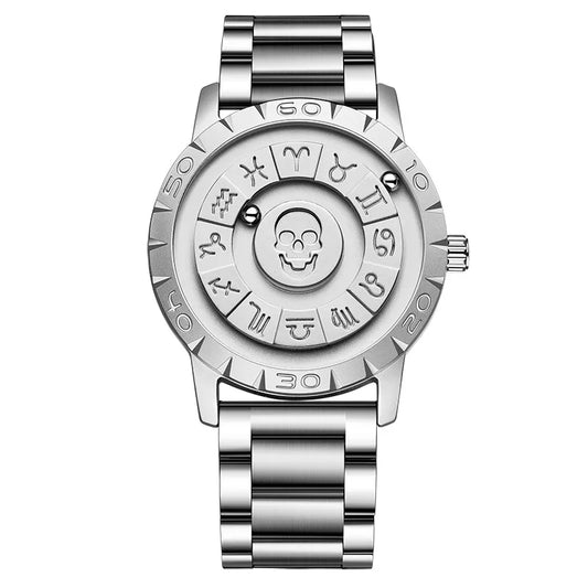 FOXBOX Men’s Magnetic Pointer Quartz Watch – Creative Scrolling Dial, Genuine Leather Strap (With Box)