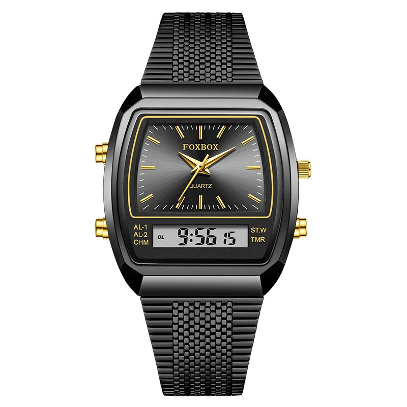 FOXBOX Men’s Digital Quartz Watch – Waterproof, Luminous Steel Sports Watch