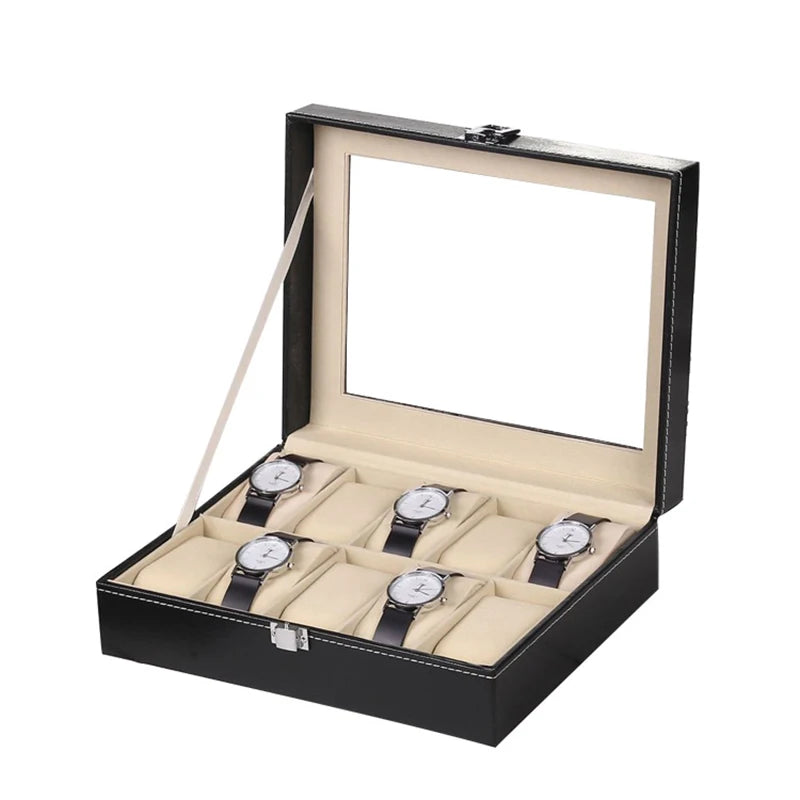PU Leather Watch Organizer with Glass Display