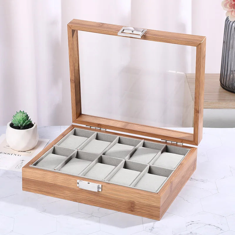 Luxury Bamboo Watch Collection Box – Multi-Slot Storage Case with Glass Display Lid