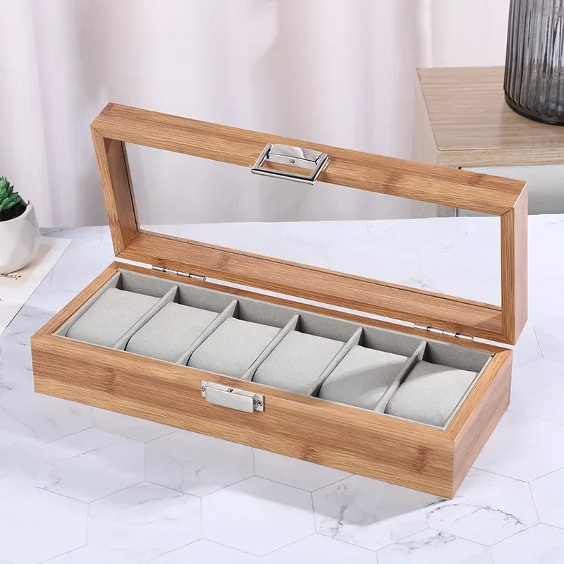 Luxury Bamboo Watch Collection Box – Multi-Slot Storage Case with Glass Display Lid