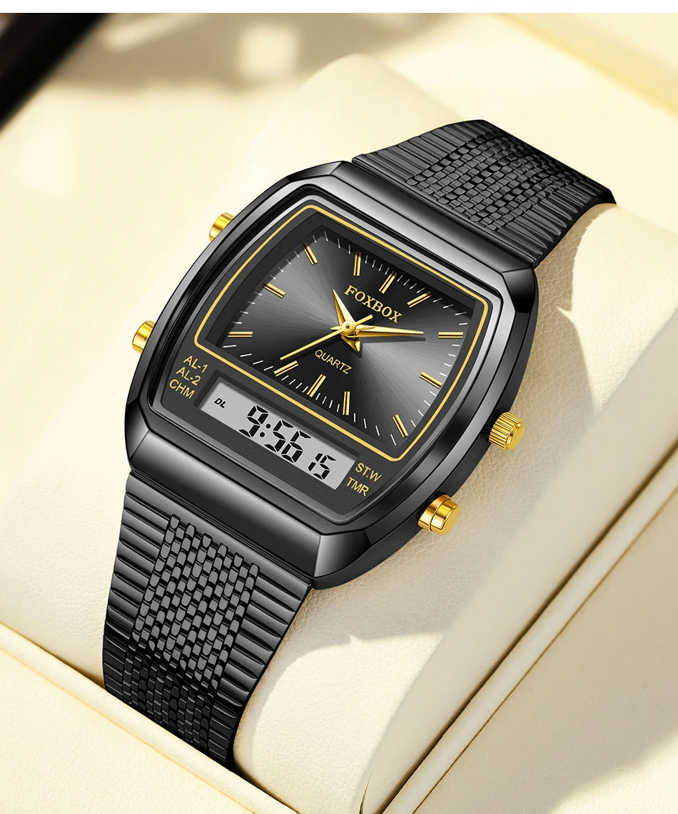 FOXBOX Fashion Dual Display Watch – Luxury Quartz Waterproof Sports Wristwatch
