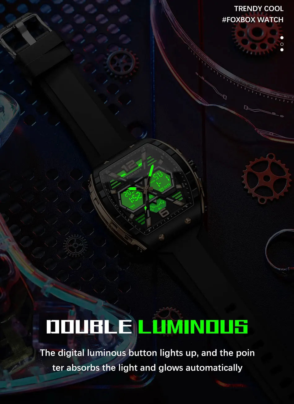 FOXBOX Men’s Square Digital Sports Watch – Chronograph & Week Display