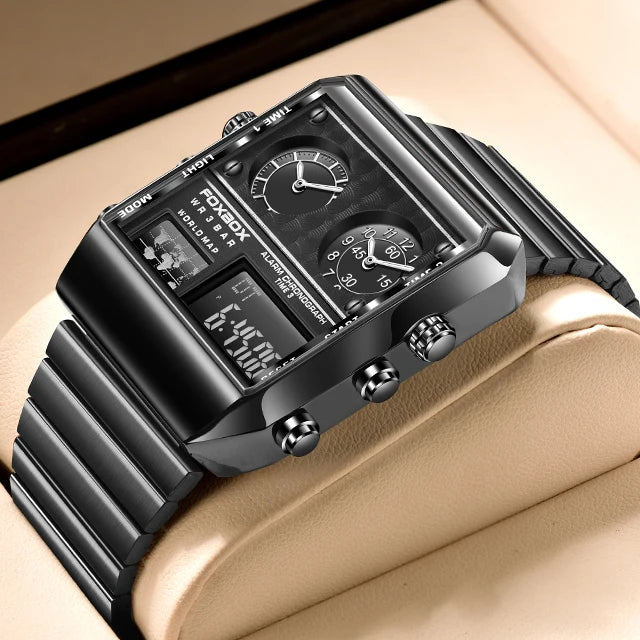 FOXBOX Men’s Luxury Sports Watch – Square Dual Display, Waterproof Quartz Watch with Box
