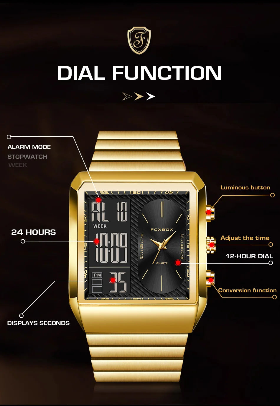 FOXBOX Men’s Luxury Business Dual Display Watch – Chronograph