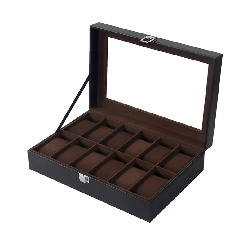 PU Leather Watch Organizer with Glass Display
