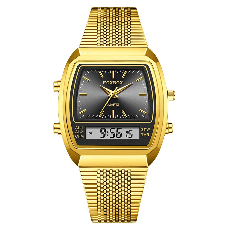 FOXBOX Men’s Digital Quartz Watch – Waterproof, Luminous Steel Sports Watch