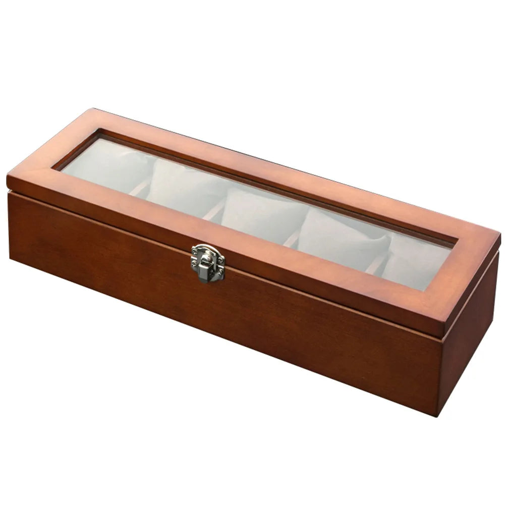 5-Slot Wooden Watch Organizer with Glass Lid