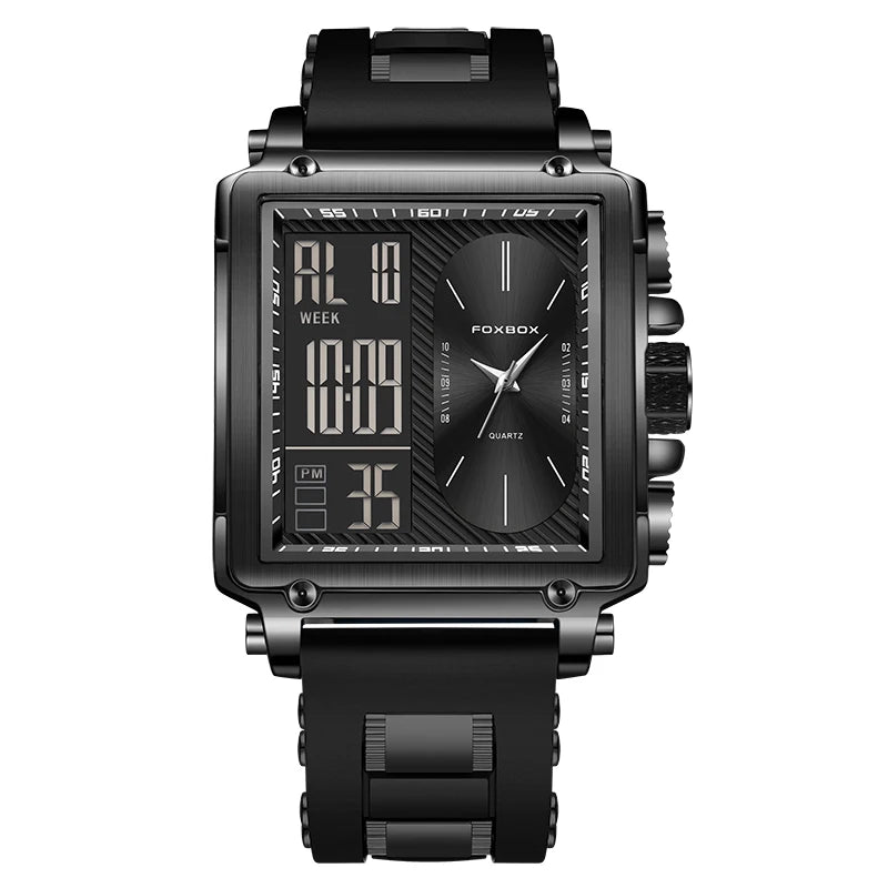 FOXBOX Men’s Luxury Square Digital Watch – Week Display & Waterproof