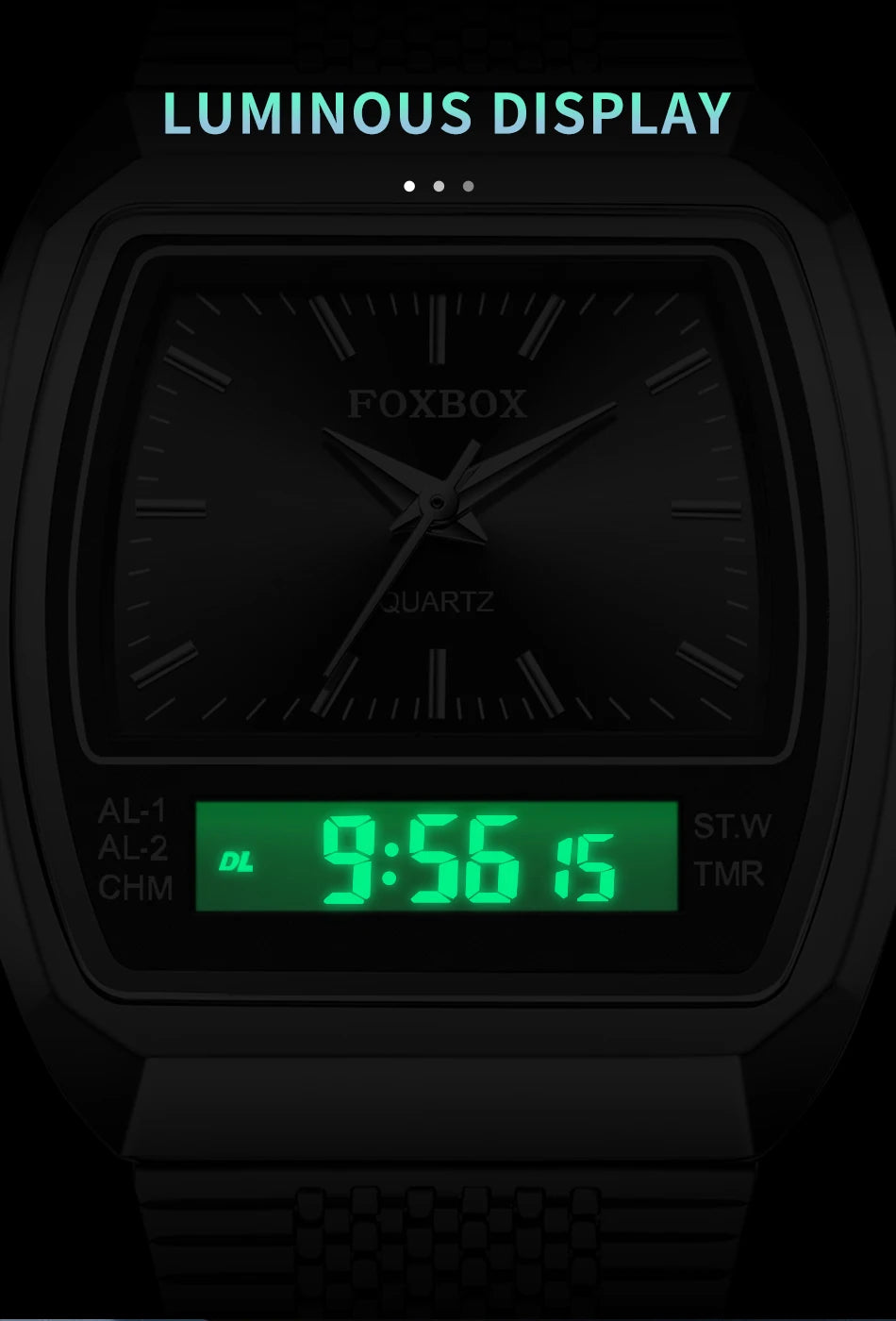 FOXBOX Men’s Digital Quartz Watch – Waterproof, Luminous Steel Sports Watch