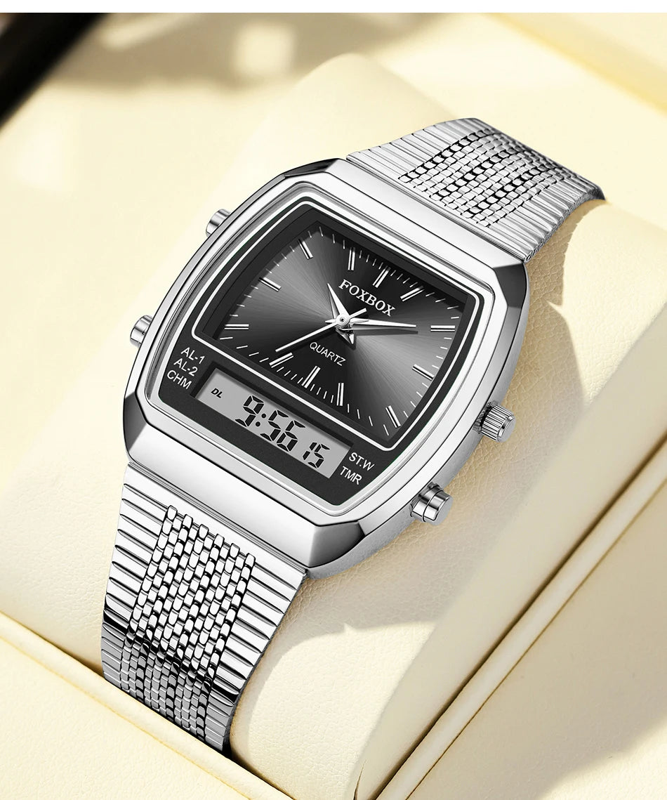 FOXBOX Fashion Dual Display Watch – Luxury Quartz Waterproof Sports Wristwatch
