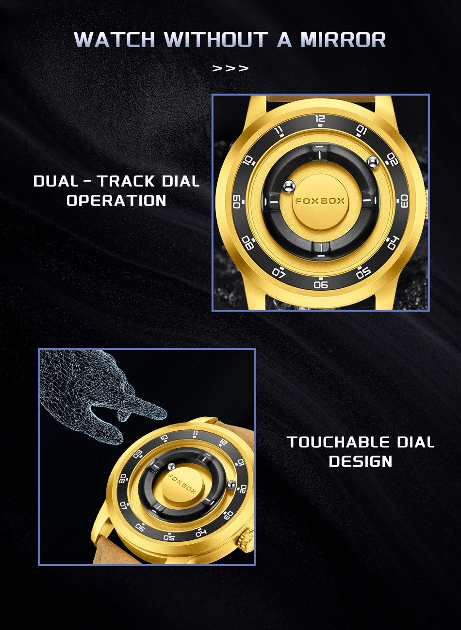 FOXBOX Magnetic Pointer Quartz Watch – Genuine Leather, Waterproof