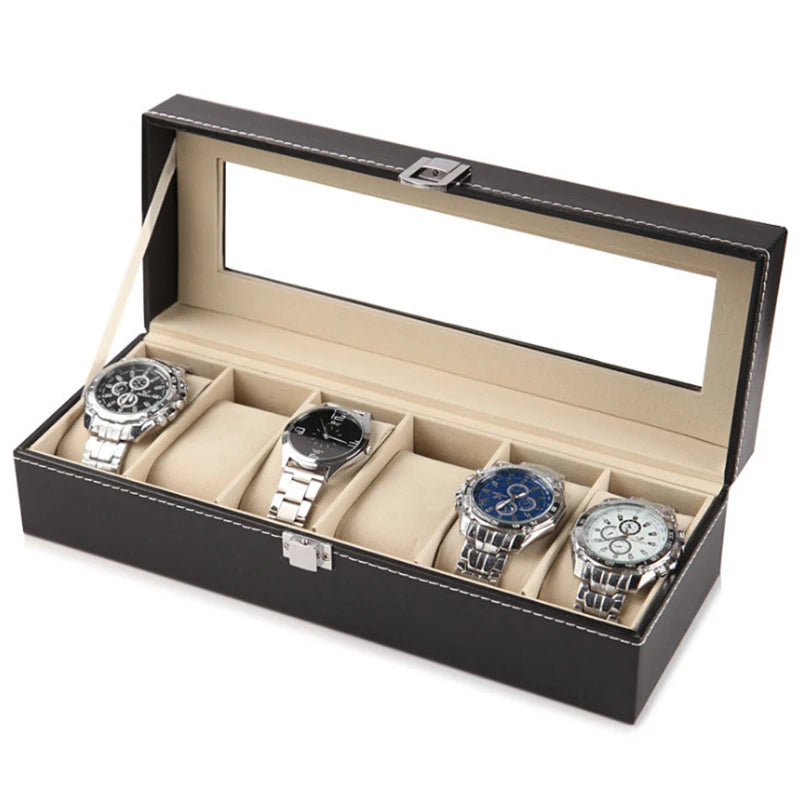 PU Leather Watch Organizer with Glass Display