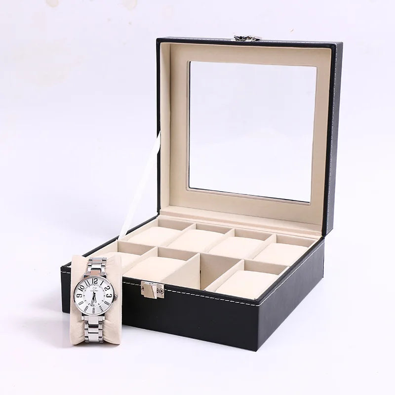 PU Leather Watch Organizer with Glass Display
