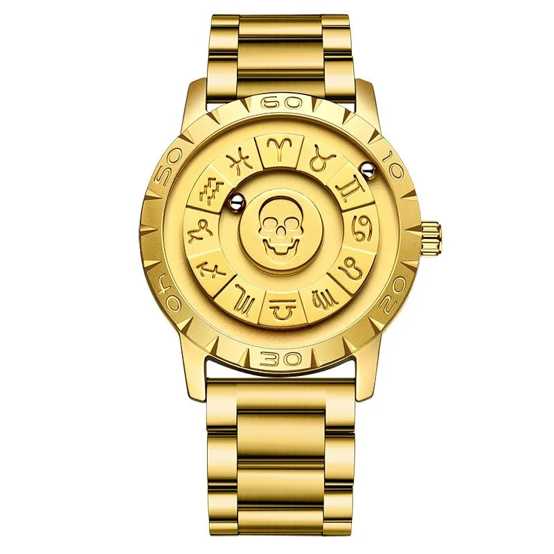 FOXBOX Men’s Magnetic Pointer Quartz Watch – Creative Scrolling Dial, Genuine Leather Strap (With Box)