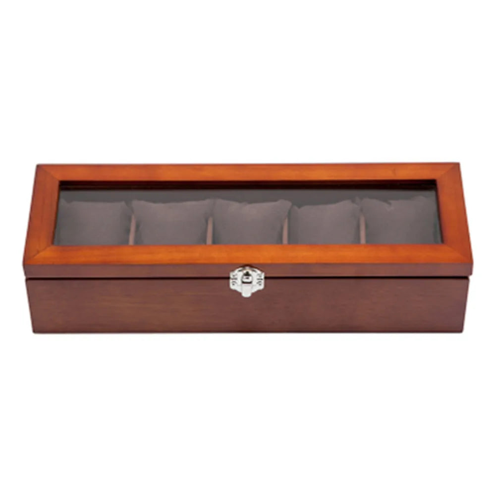 5-Slot Wooden Watch Organizer with Glass Lid