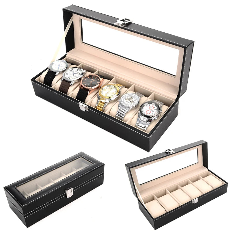 PU Leather Watch Organizer with Glass Display