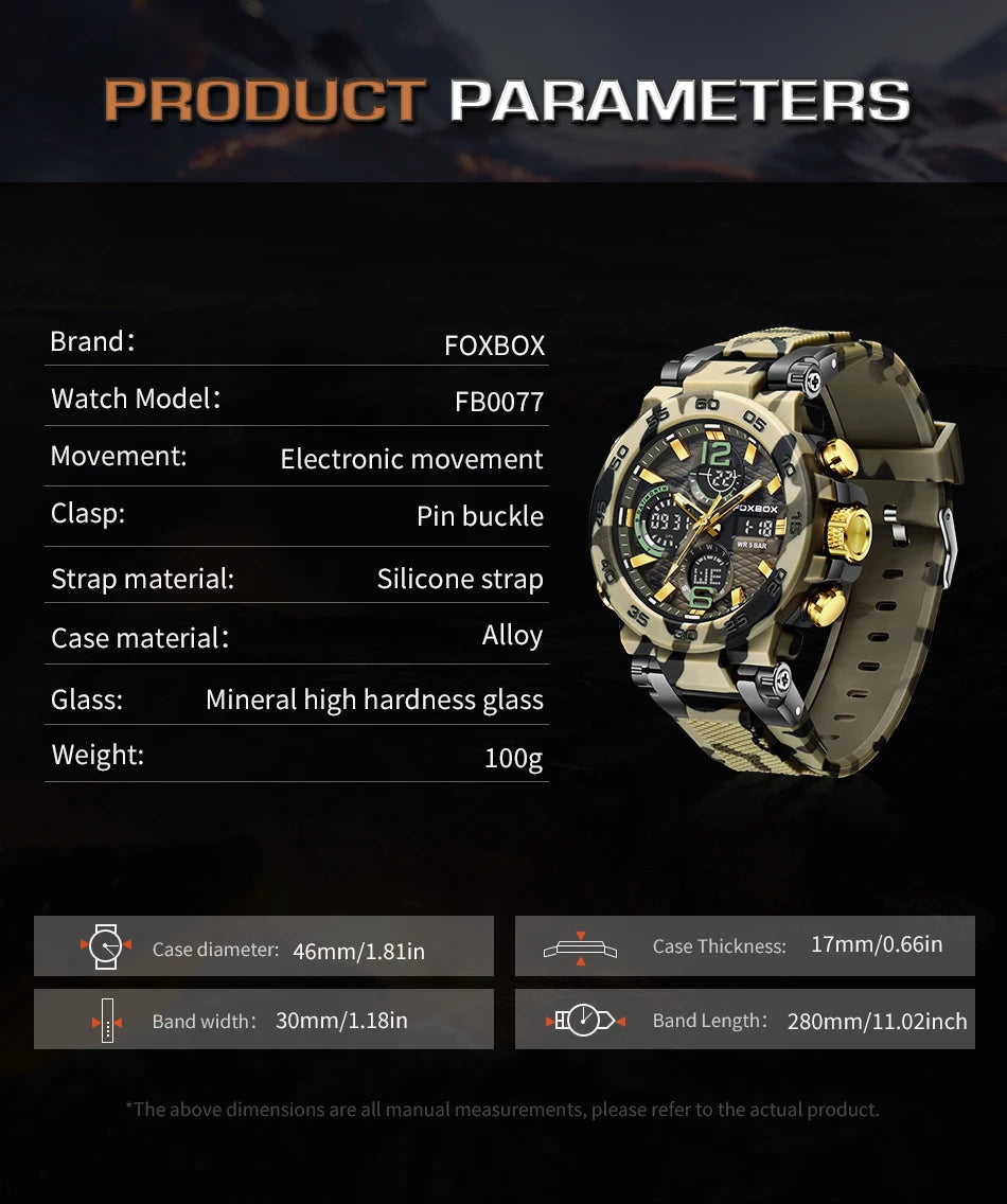 FOXBOX Men’s Sports Military Watch – Waterproof Dual Display Quartz Wristwatch with Stopwatch