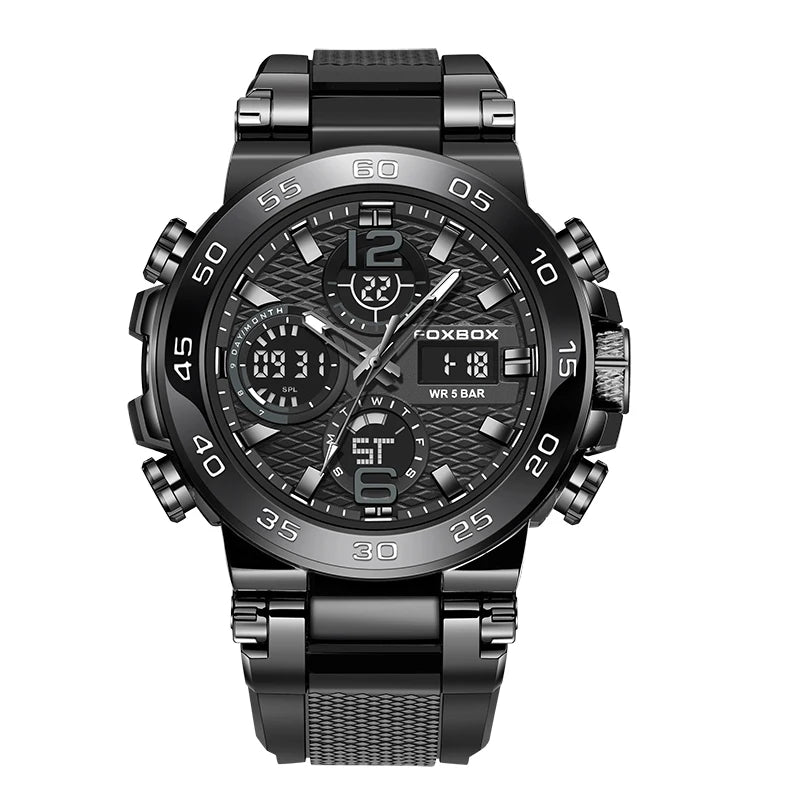 FOXBOX Men’s Sports Military Watch – Waterproof Dual Display Quartz Wristwatch with Stopwatch