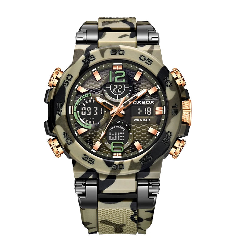 FOXBOX Men’s Sports Military Watch – Waterproof Dual Display Quartz Wristwatch with Stopwatch