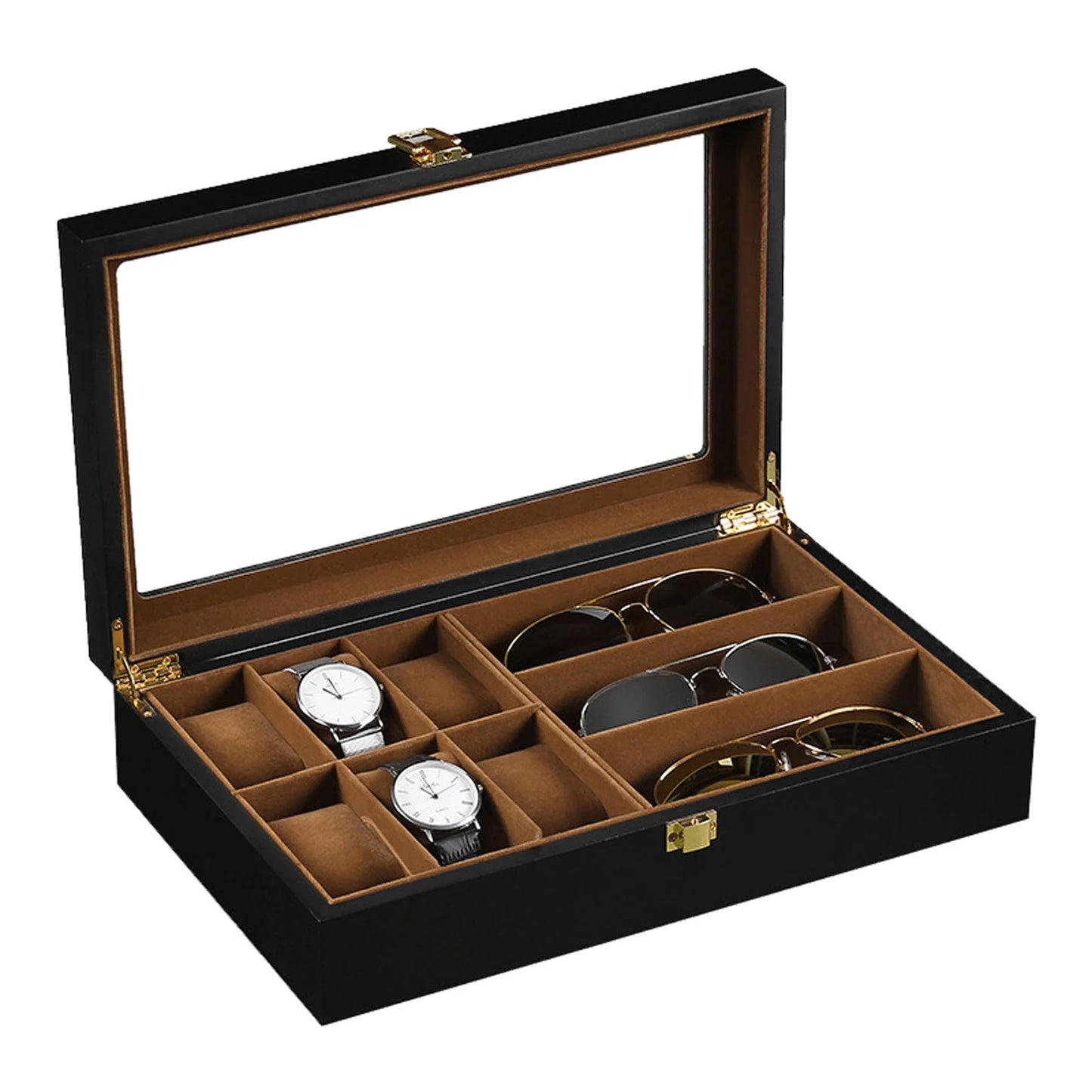 Wooden Watch & Sunglasses Organizer Box – Glass Top