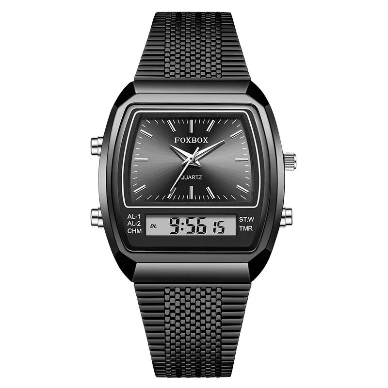 FOXBOX Men’s Digital Quartz Watch – Waterproof, Luminous Steel Sports Watch