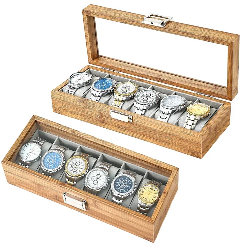 Luxury Bamboo Watch Collection Box – Multi-Slot Storage Case with Glass Display Lid