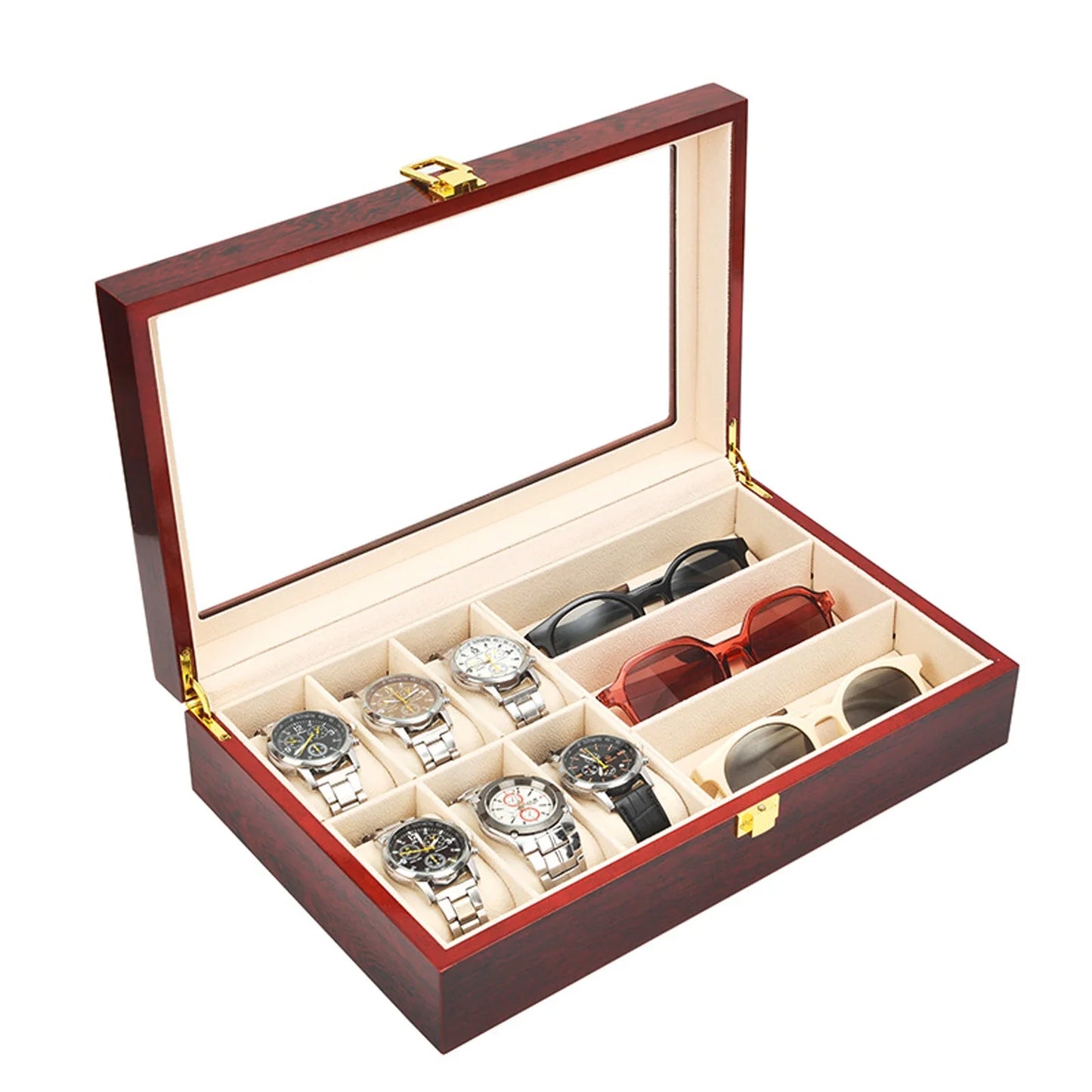 Wooden Watch & Sunglasses Organizer Box – Glass Top