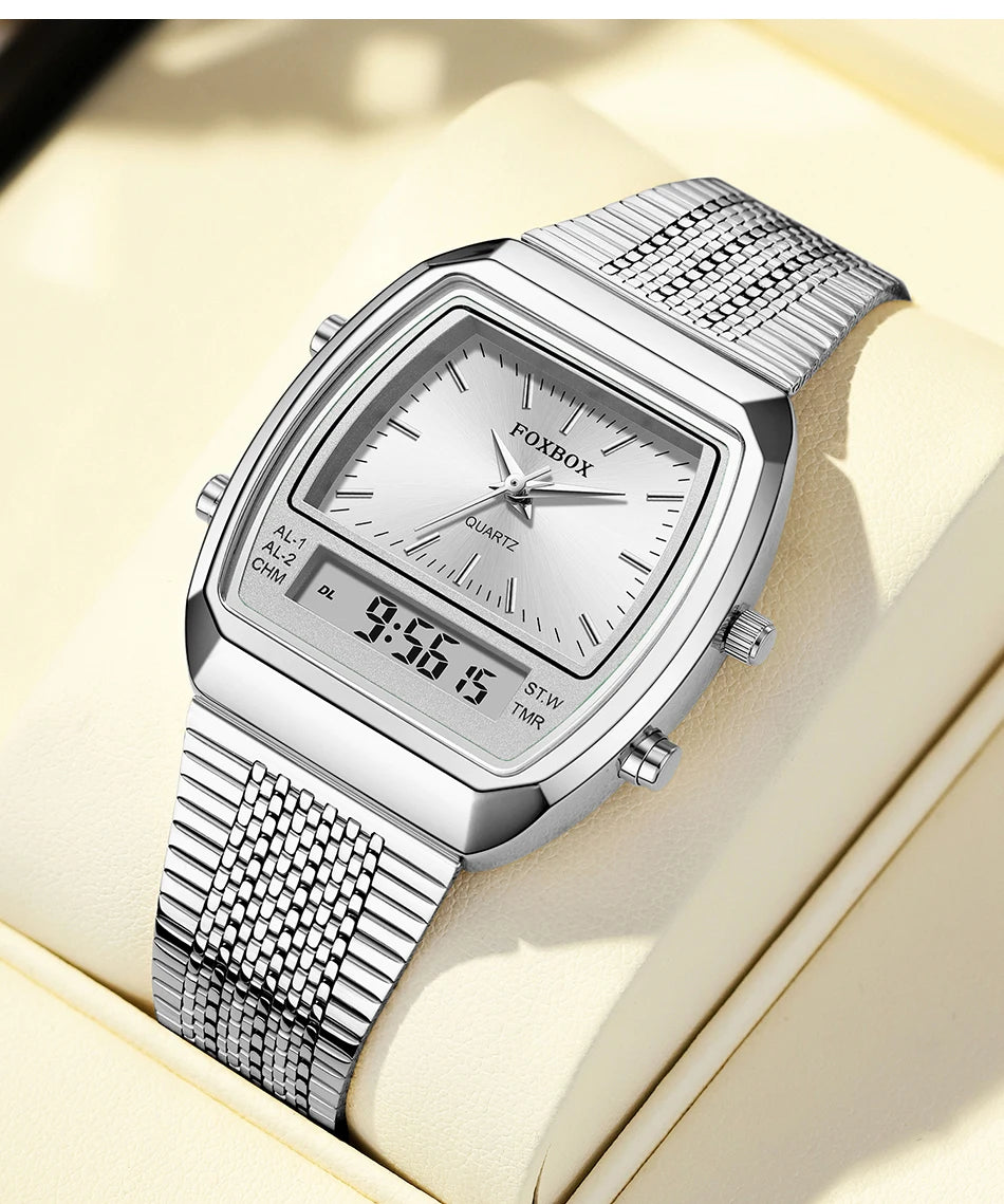 FOXBOX Fashion Dual Display Watch – Luxury Quartz Waterproof Sports Wristwatch