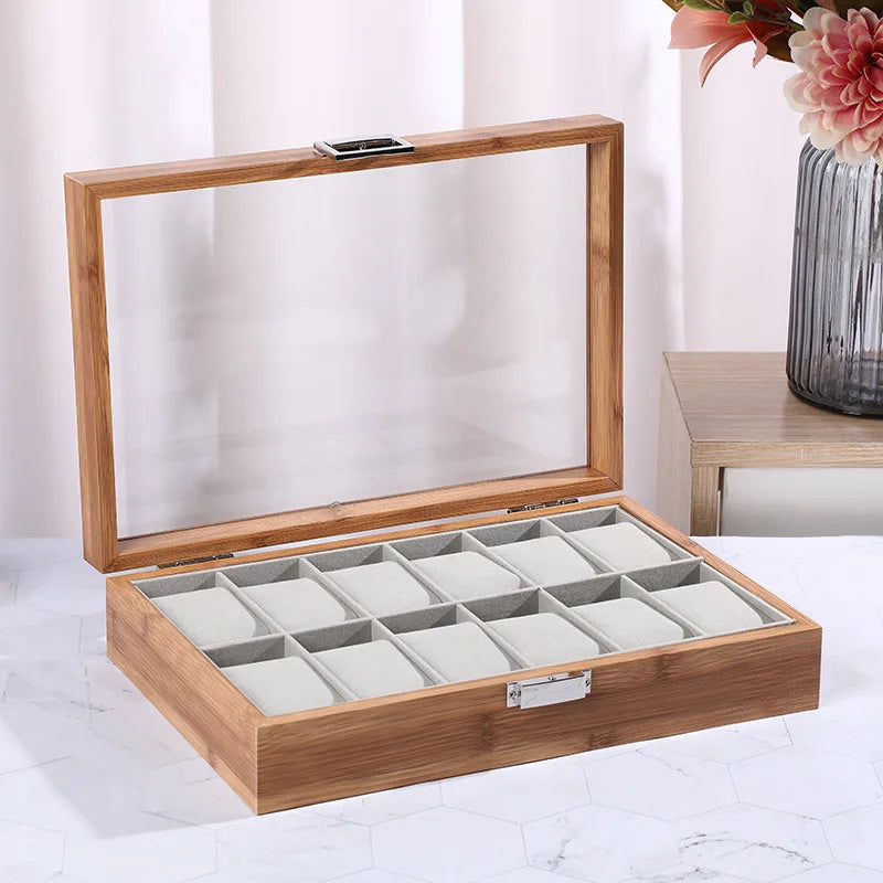 Luxury Bamboo Watch Collection Box – Multi-Slot Storage Case with Glass Display Lid