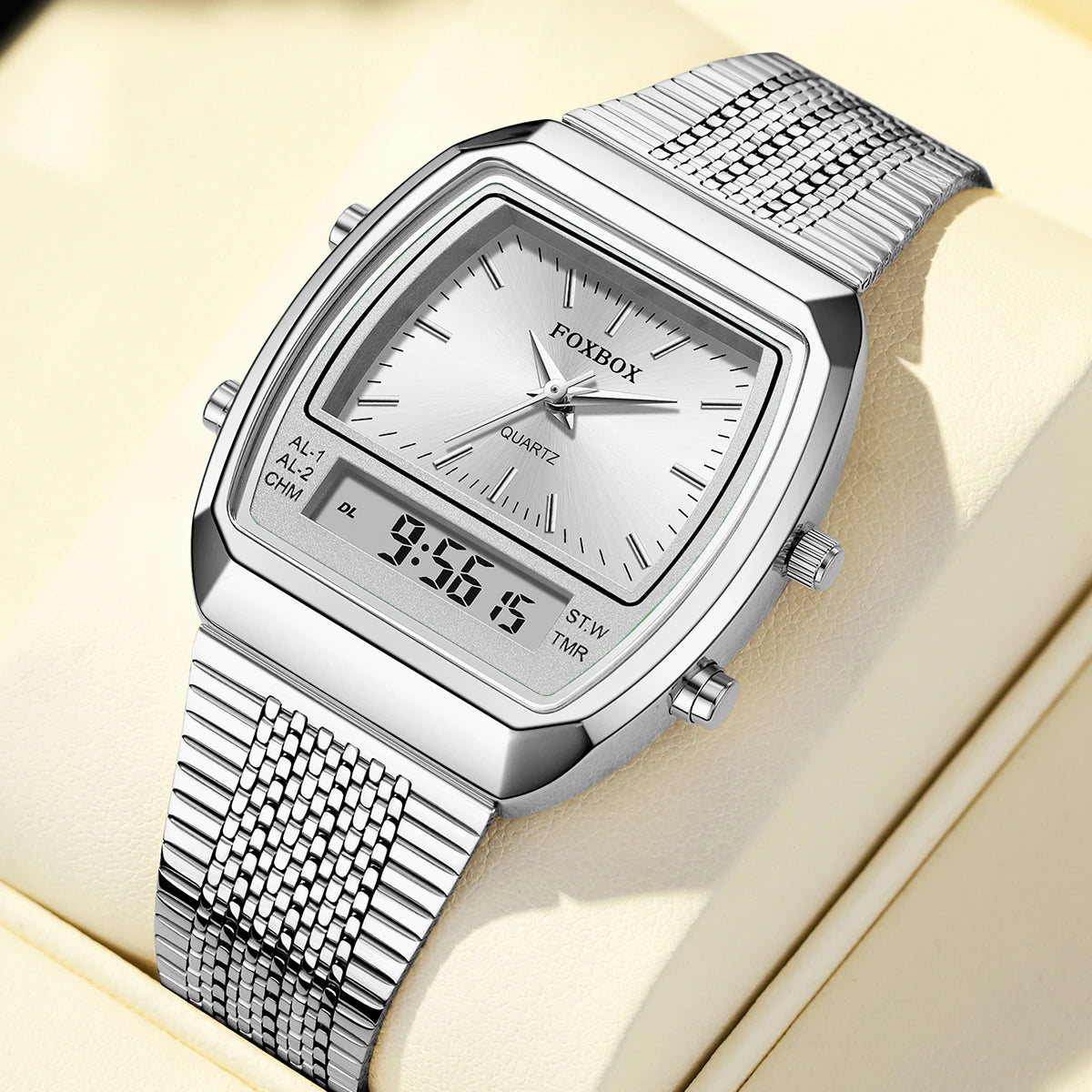 FOXBOX Men’s Digital Quartz Watch – Waterproof, Luminous Steel Sports Watch