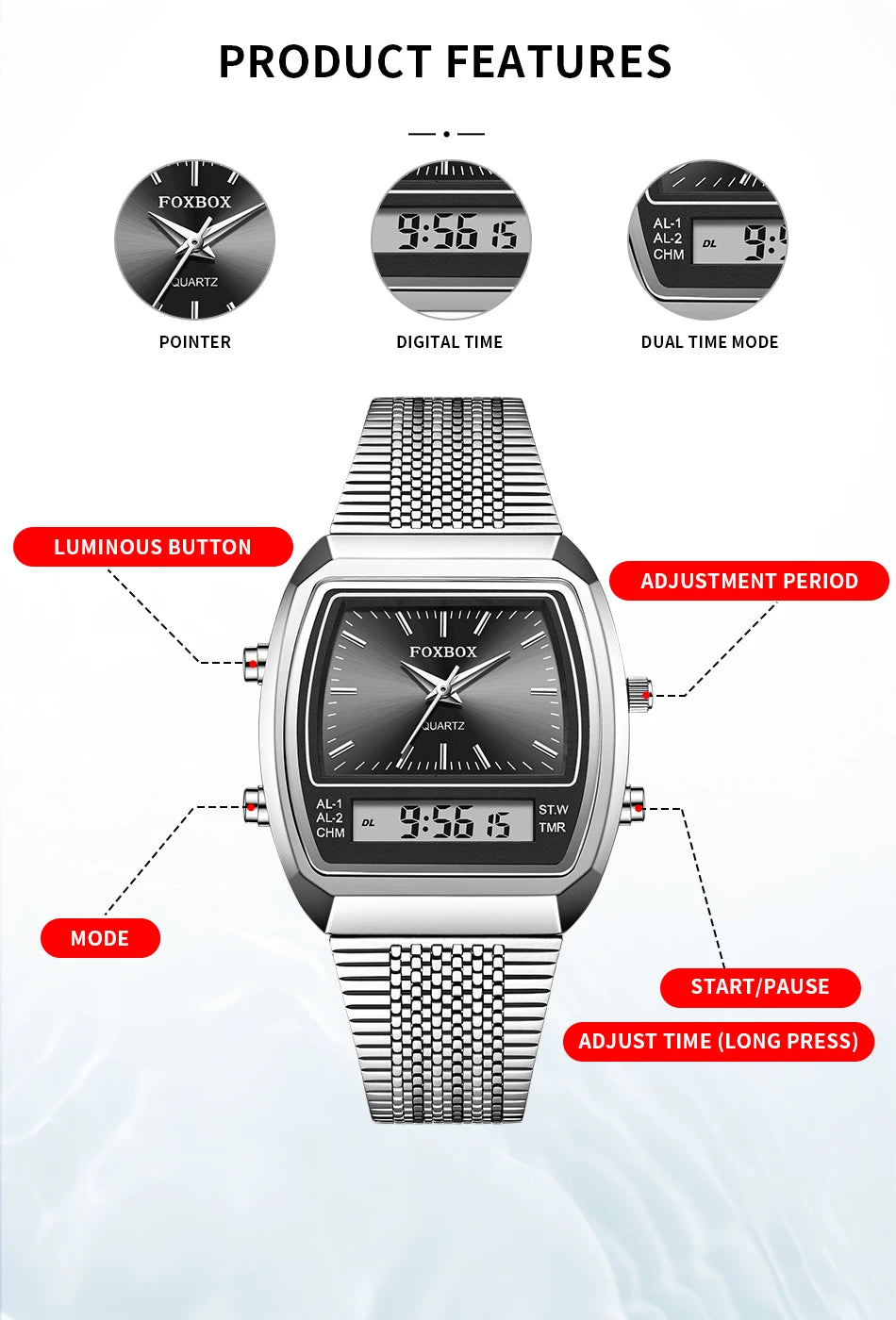 FOXBOX Men’s Digital Quartz Watch – Waterproof, Luminous Steel Sports Watch