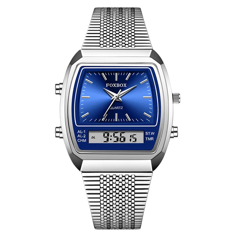 FOXBOX Men’s Digital Quartz Watch – Waterproof, Luminous Steel Sports Watch