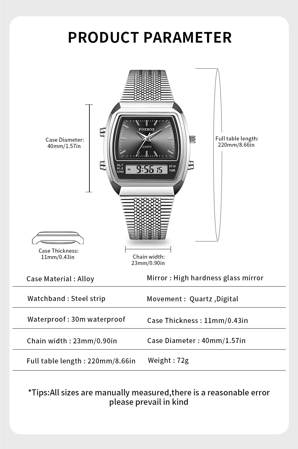 FOXBOX Men’s Digital Quartz Watch – Waterproof, Luminous Steel Sports Watch