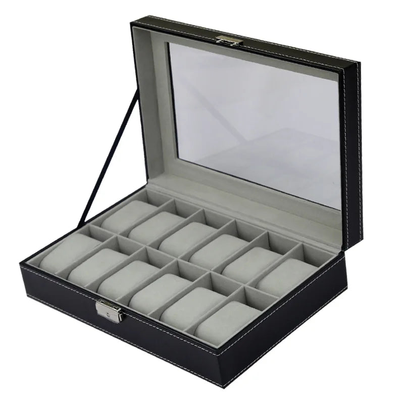 PU Leather Watch Organizer with Glass Display