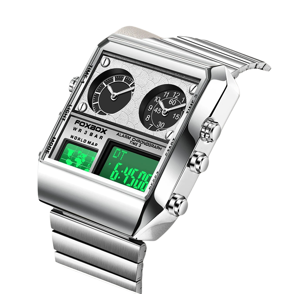 FOXBOX Men’s Luxury Sports Watch – Square Dual Display, Waterproof Quartz Watch with Box