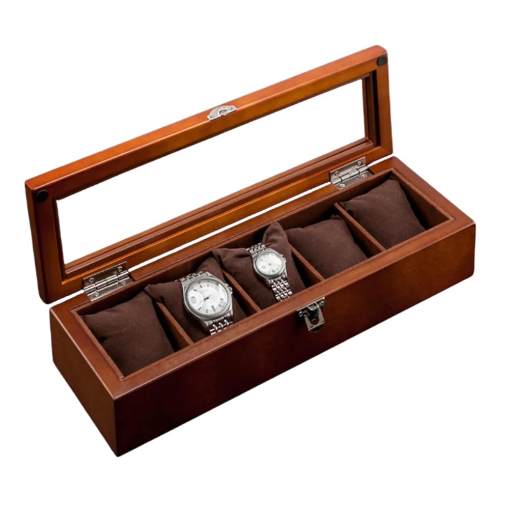 5-Slot Wooden Watch Organizer with Glass Lid